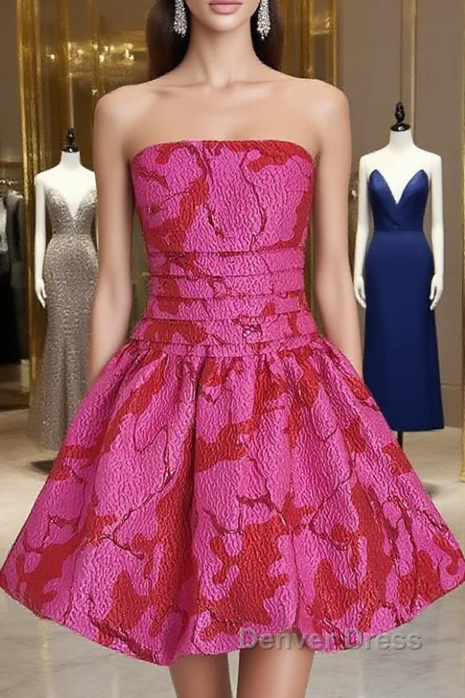 Sexy A Line Strapless Satin Pink Floral Vacation Dress Short Birthday Dresses