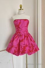 Sexy A Line Strapless Satin Pink Floral Vacation Dresses Short Birthday Dress