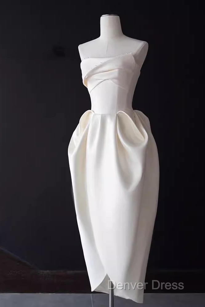 Sexy A Line Strapless Satin White Tea Length Wedding Dresses Brides Dresses