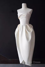 Sexy A Line Strapless Satin White Tea Length Wedding Dress Brides Dresses