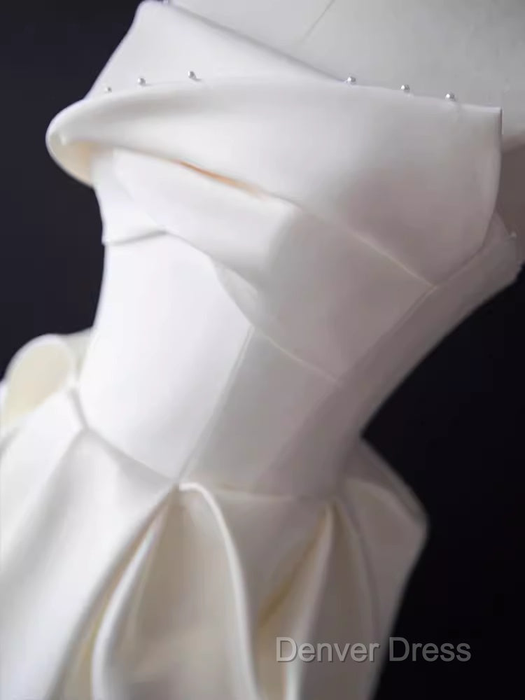 Sexy A Line Strapless Satin White Tea Length Wedding Dress Brides Dresses