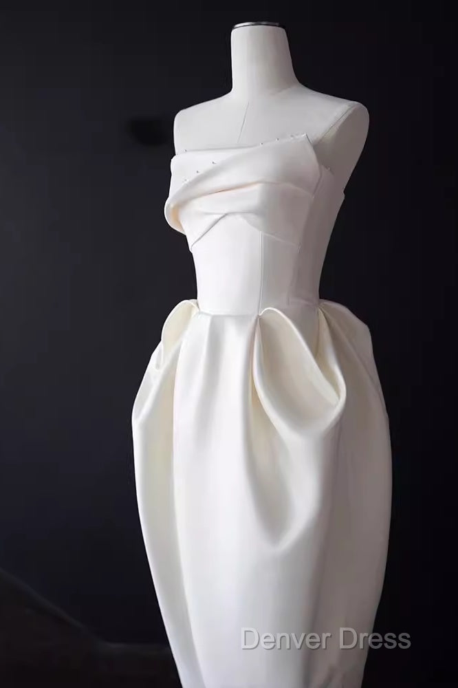 Sexy A Line Strapless Satin White Tea Length Wedding Dress Brides Dresses