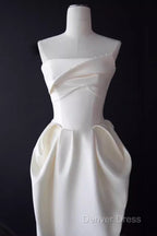 Sexy A Line Strapless Satin White Tea Length Wedding Dress Brides Dresses