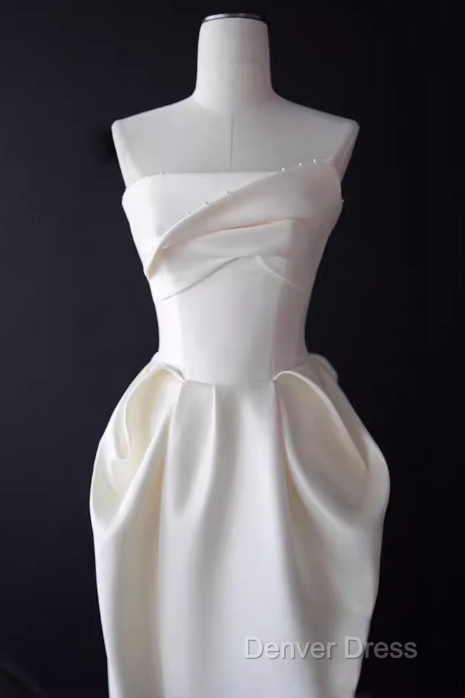 Sexy A Line Strapless Satin White Tea Length Wedding Dress Brides Dresses