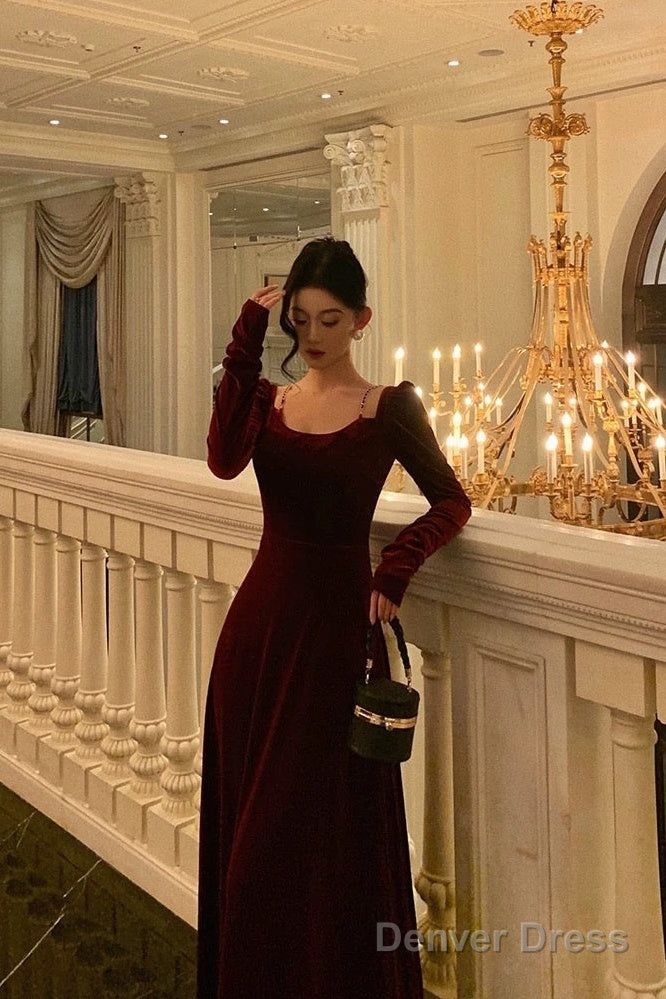 Sexy A Line Straps Burgundy Velvet Long Sleeves Prom Dresses Birthday Outfits Secondary image