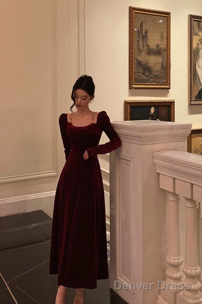 Sexy A Line Straps Burgundy Velvet Long Sleeves Prom Dresses Birthday Outfits