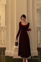 Sexy A Line Straps Burgundy Velvet Long Sleeves Prom Dresses Birthday Outfits