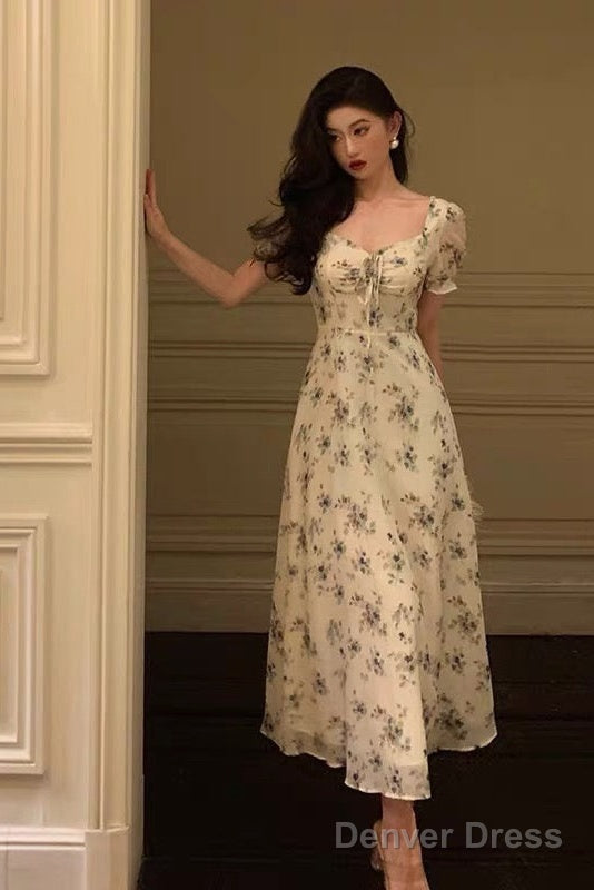 Sexy A Line Straps Floral Chiffon Ruffles Prom Dresses Birthday Outfits Prom Gowns