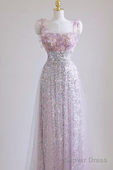 Sexy A Line Straps Lilac Sequin Prom Dress