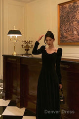 Sexy A Line Straps Long Sleeves Black Velvet Prom Dresses Birthday Outfits