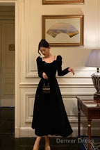 Sexy A Line Straps Long Sleeves Black Velvet Prom Dresses Birthday Outfits