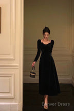 Sexy A Line Straps Long Sleeves Black Velvet Prom Dresses Birthday Outfits