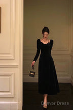 Sexy A Line Straps Long Sleeves Black Velvet Prom Dresses Birthday Outfits
