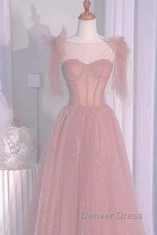 Sexy A Line Straps Neckline Long Pink Prom Dresses