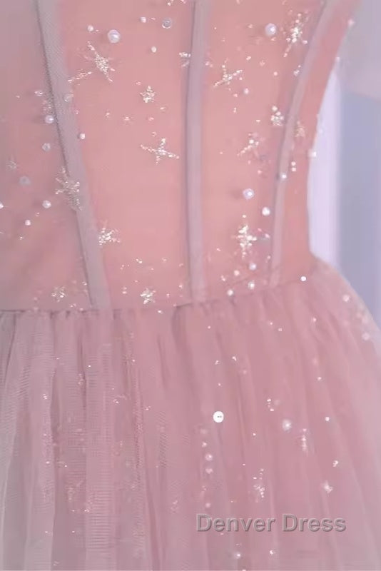 Sexy A Line Straps Neckline Long Pink Prom Dresses