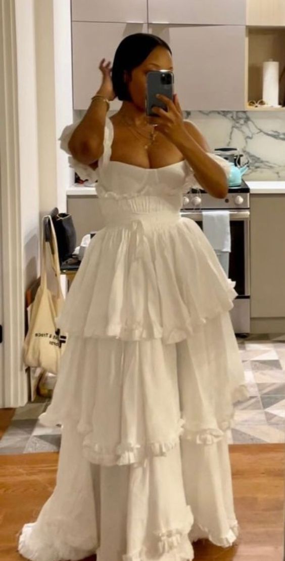 Sexy A Line Straps Ruffles Floor Length Chiffon White Prom Dresses 1697 Secondary image