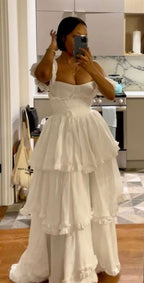 Sexy A Line Straps Ruffles Floor Length Chiffon White Prom Dresses 1697