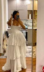 Sexy A Line Straps Ruffles Floor Length Chiffon White Prom Dresses 1697