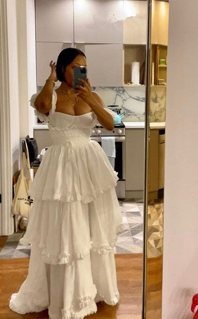 Sexy A Line Straps Ruffles Floor Length Chiffon White Prom Dresses 1697