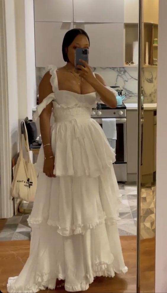 Sexy A Line Straps Ruffles Floor Length Chiffon White Prom Dresses 1697