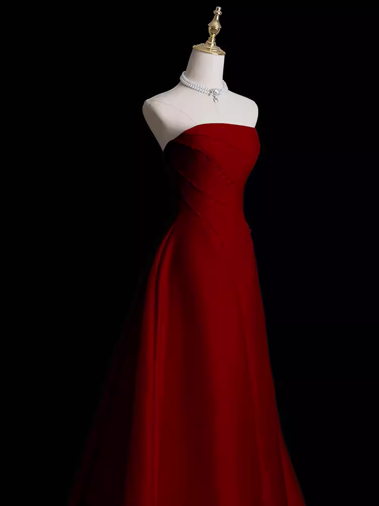 Sexy A Line Strapless Sleeveless Burgundy Long Prom Dresses