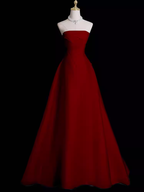 Sexy A Line Strapless Sleeveless Burgundy Long Prom Dresses