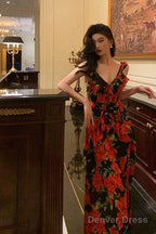 Sexy A Line Straps Sleeveless Red Floral Ruffle Chiffon Prom Dresses Birthday Outfits