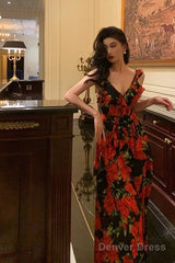 Sexy A Line Straps Sleeveless Red Floral Ruffle Chiffon Prom Dresses Birthday Outfits