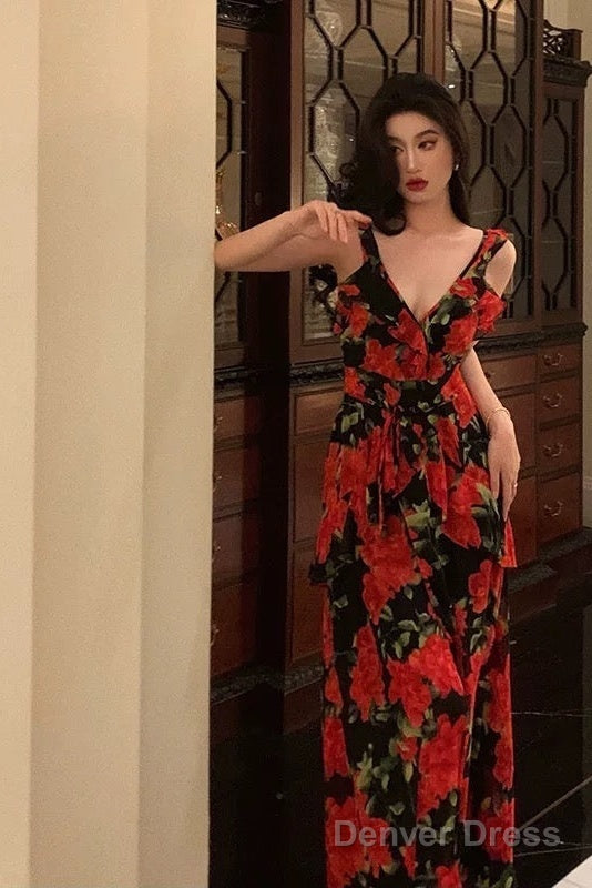 Sexy A Line Straps Sleeveless Red Floral Ruffle Chiffon Prom Dresses Birthday Outfits
