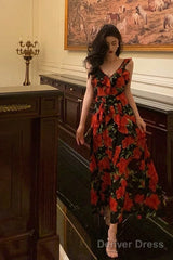 Sexy A Line Straps Sleeveless Red Floral Ruffle Chiffon Prom Dresses Birthday Outfits