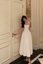 Sexy A Line Straps Sleeveless White Tea Length Prom Dresses Birthday Outfits