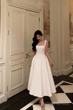 Sexy A Line Straps Sleeveless White Tea Length Prom Dresses Birthday Outfits