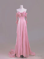 Sexy A Line Sweetheart Pink Satin Long Prom Dress Evening Dress Formal Dress