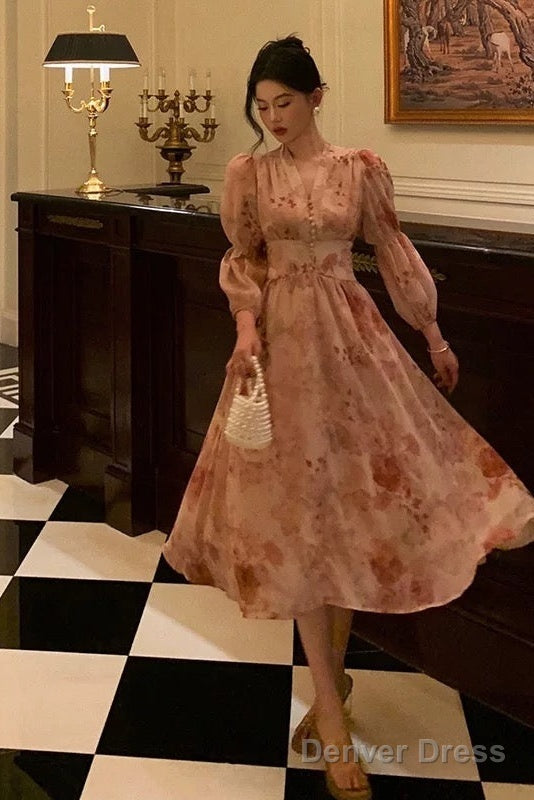 Sexy A Line V Neckline Long Sleeves Pink Floral Prom Dresses Birthday Outfits Evening Gown Secondary image