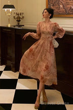 Sexy A Line V Neckline Long Sleeves Pink Floral Prom Dresses Birthday Outfits Evening Gown