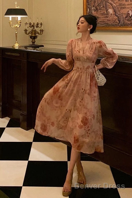 Sexy A Line V Neckline Long Sleeves Pink Floral Prom Dresses Birthday Outfits Evening Gown