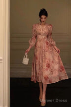 Sexy A Line V Neckline Long Sleeves Pink Floral Prom Dresses Birthday Outfits Evening Gown