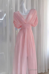 Sexy A Line V Neckline Ruffled Pink Chiffon Beach Dress WomenS Vacation Dresses