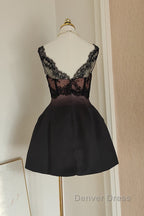 Sexy A Line V Neckline Satin Lace Vacation Dress Short Birthday Dresses