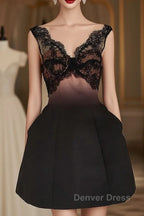Sexy A Line V Neckline Satin Lace Vacation Dress Short Birthday Dresses