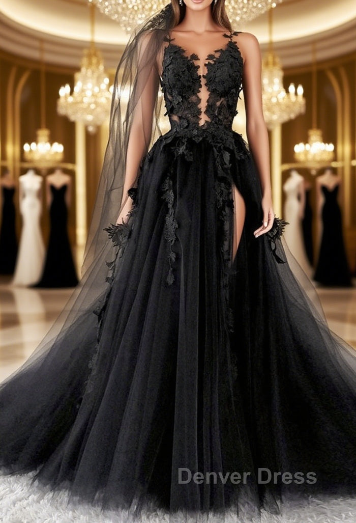Sexy Backless Appliques Black Lace Long Prom Dress, Black Lace Prom Dress, Black Prom Dresses Main image