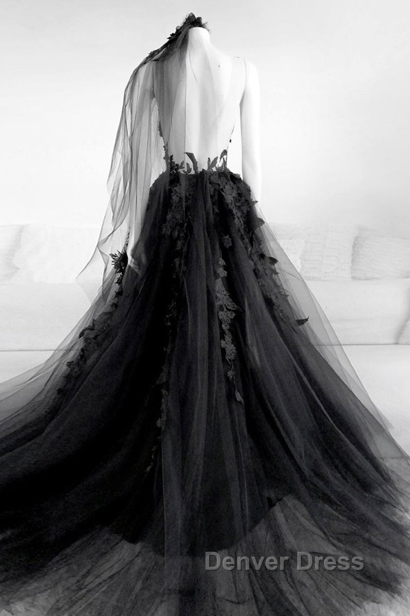 Sexy Backless Appliques Black Lace Long Prom Dress, Black Lace Prom Dress, Black Prom Dresses