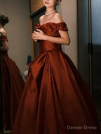 Sexy Ball Gowns Off The Shoulder Satin Rust Red Floor Length Prom Dress