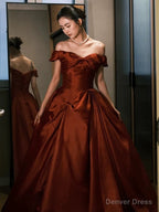 Sexy Ball Gowns Off The Shoulder Satin Rust Red Floor Length Prom Dress