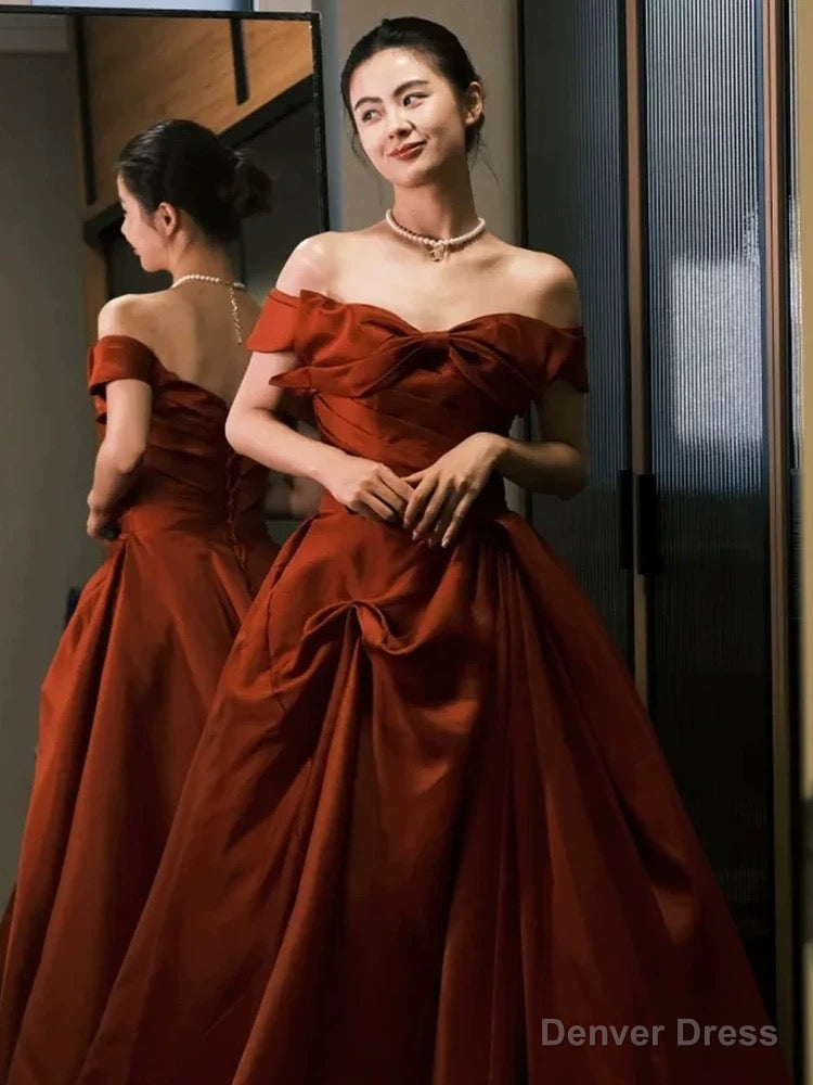 Sexy Ball Gowns Off The Shoulder Satin Rust Red Floor Length Prom Dress