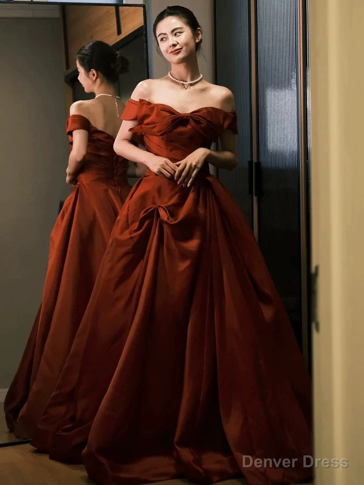 Sexy Ball Gowns Off The Shoulder Satin Rust Red Floor Length Prom Dress Main image
