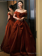 Sexy Ball Gowns Off The Shoulder Satin Rust Red Floor Length Prom Dress