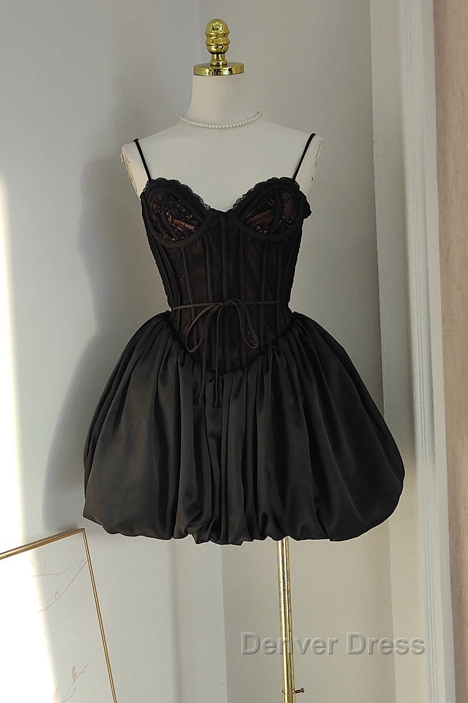 Sexy Ball Gown Spaghetti Straps Black Lace Travel Vacation Dresses Short Satin Birthday Dresses