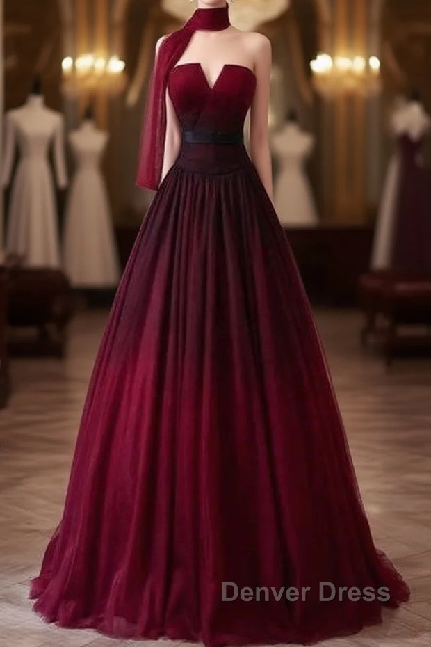Sexy Ball Gown Strapless Long Burgundy Prom Dresses Evening Dresses Main image