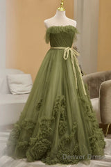 Sexy Ball Gown Strapless Neckline Green Ruffles Evening Dress Prom Dresses